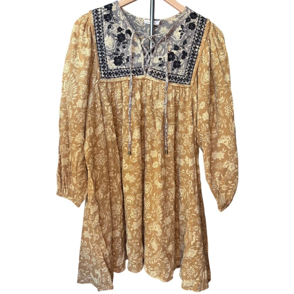 Unsubscribed Cotton Embroidered Mustard Yellow Navy Blue Dress, Size 6 New